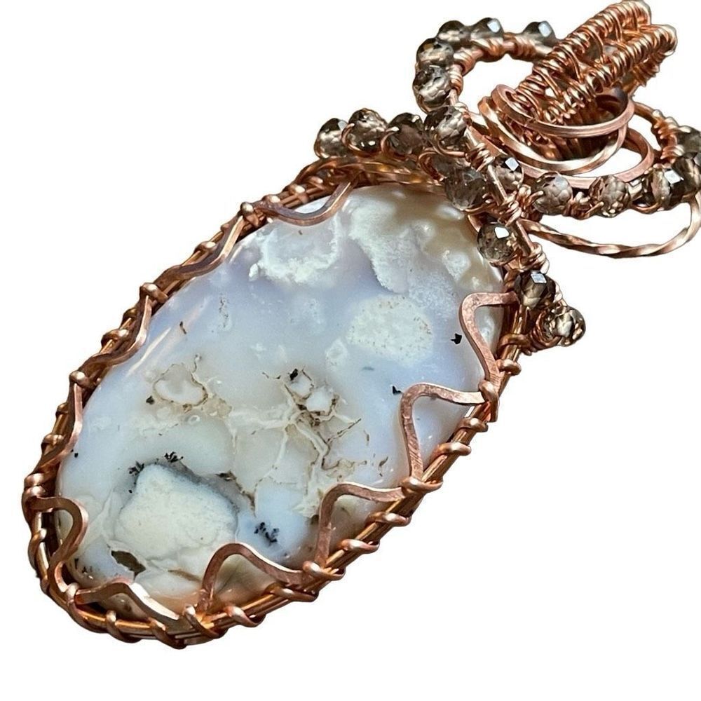 Dendritic Opal smoky quartz wire wrap wrapped pendant copper handmade artisan
